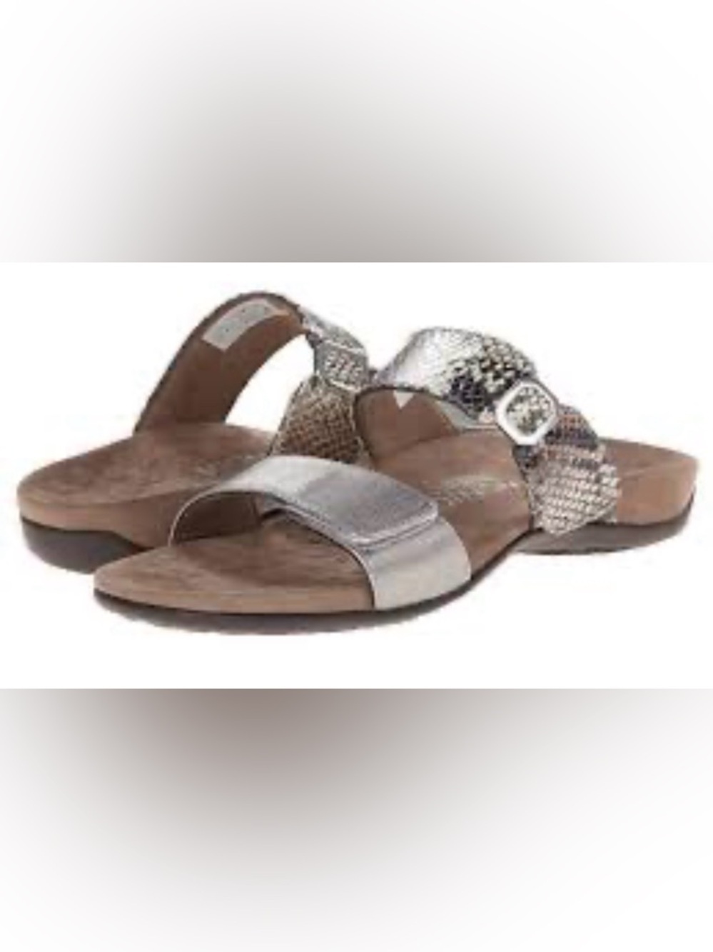 Vionic Metallic Camila pewter & snkskn doubl adj strp flat slides WM 11 beach